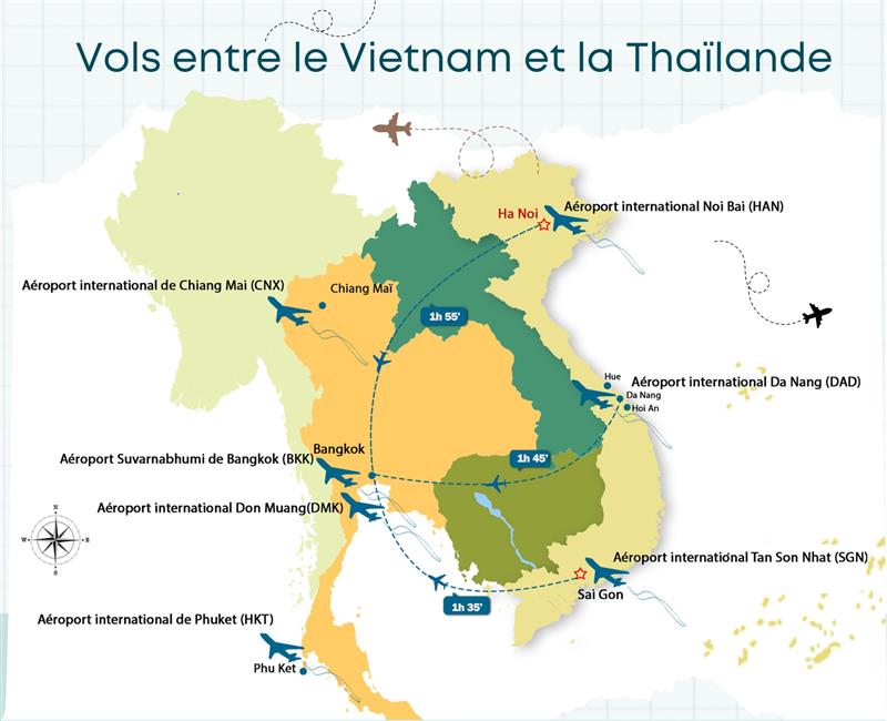 Carte des vols reliant le Vietnam et la Thailande pour un voyage combin&eacute; entre deux pays d'asie du sud est